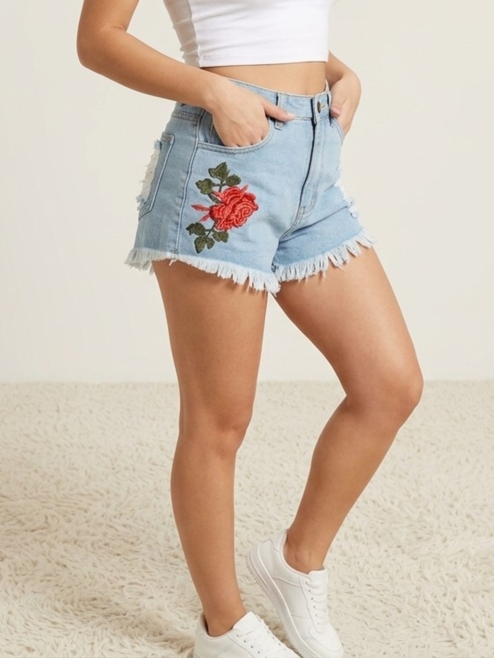 Vibrant Light Blue Denim Shorts with Red Rose Embroidery